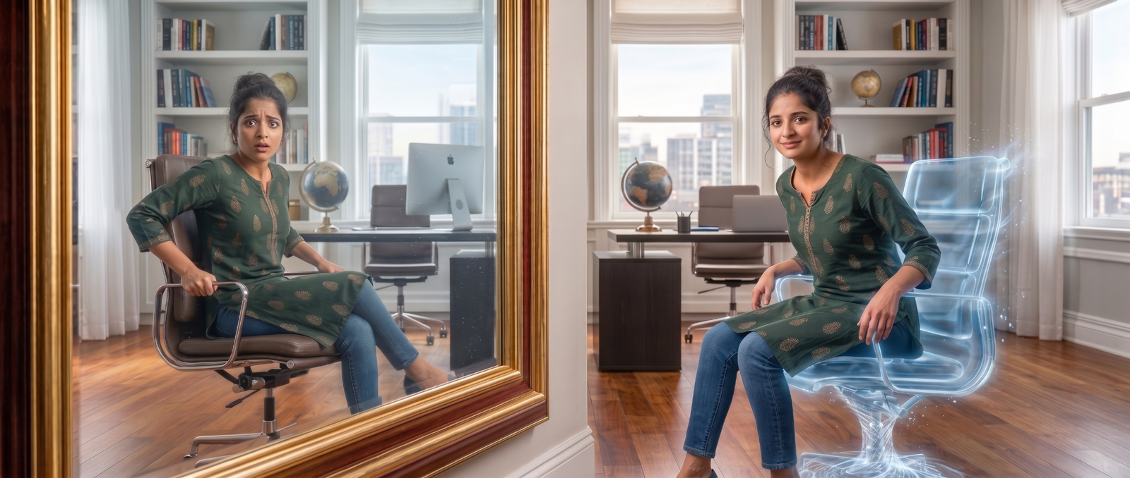 A young Indian woman sits on a dissolving chair next to a mirror.