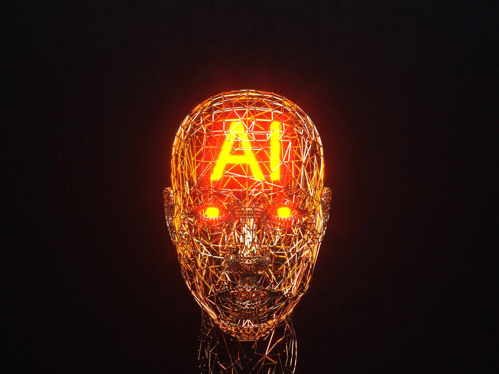 AI wireframe head with orange glow
